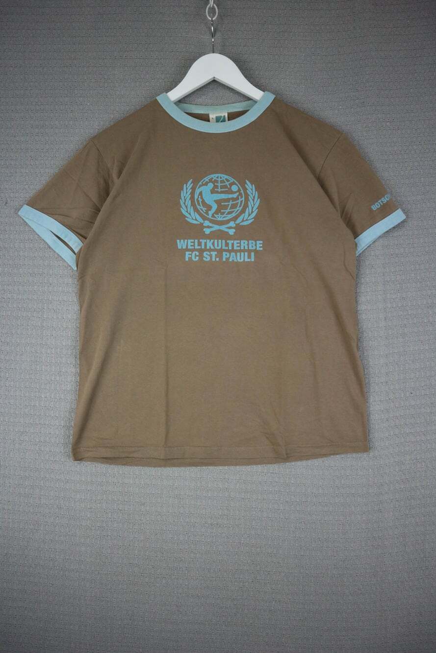 Vintage FC St. Pauli Weltkulturbe Brown Light Blue Ringer T-Shirt Size L Graphic